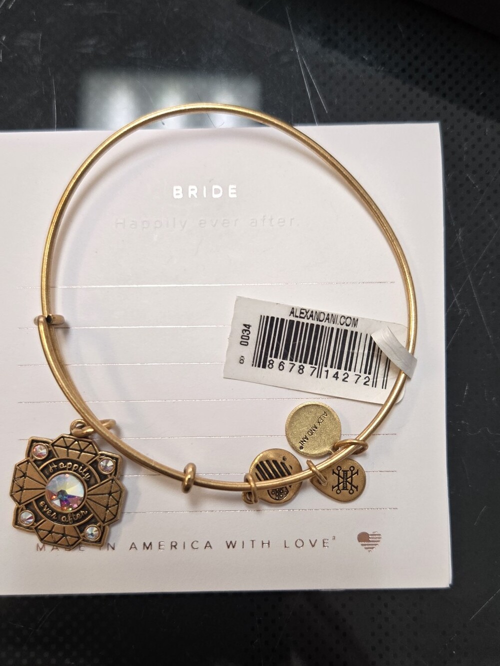 NWT Alex and Ani Gold-Tone 'Bride' Charm Bangle Bracelet with Iridescent Stone